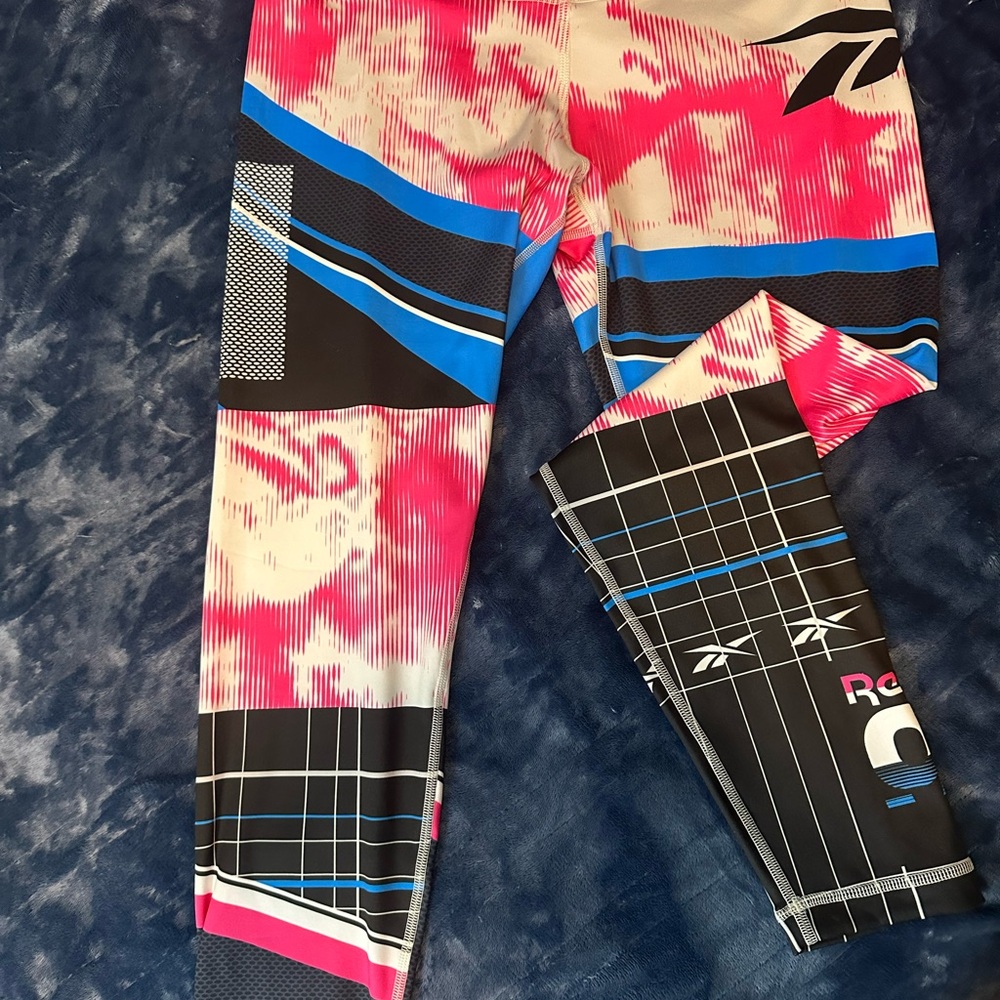 Reebok Pink and Blue Performance Leggings with Tie-Dye and Geometric Design